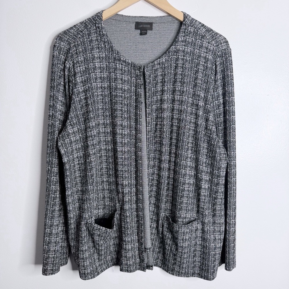 J. Jill Wearever Black White Open Knit Cardigan Large Petite Workwear Casual